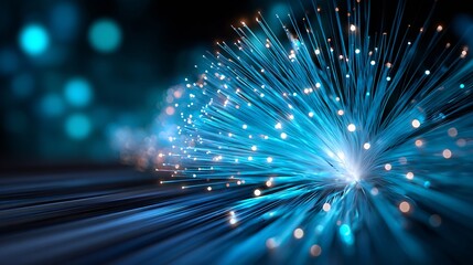 Blue Fiber Optics Bursting Light in Abstract Digital Space with Bokeh Effect