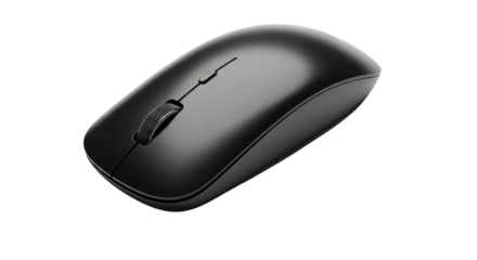 Sleek dark grey wireless computer mouse with scroll wheel on black background technology, Isolated On Png Transparent Background