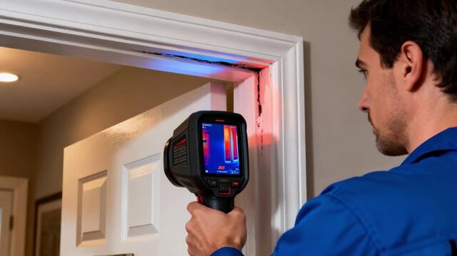 Technician uses infrared camera to inspect door frames for hidden thermal gaps in a residential building.