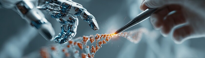 A futuristic scene depicting a robotic hand and a human hand working together to manipulate DNA strands with precision tools.