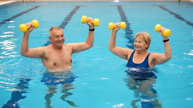 Senior couple engaging in water aerobics, lifting yellow dumbbells in a bright blue swimming pool, showcasing fitness and vitality through synchronized movement and joyful exercise