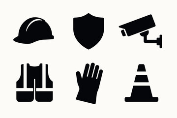 Safety icons set featuring hard hat, shield, security camera, vest, glove, and cone