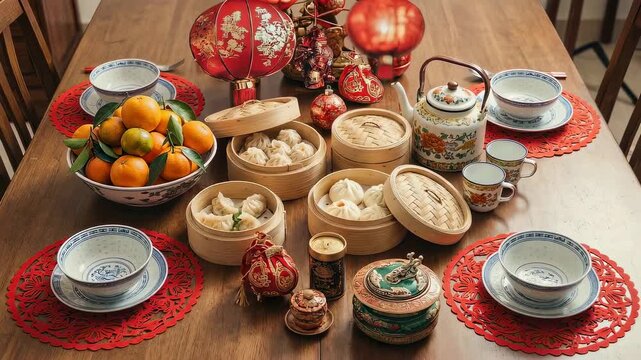 Asian table arranged with dim sum, oranges, and lanterns for Chinese New Year celebration meal
