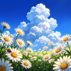 A cheerful summer day with a ladybug resting on a daisy in a field of blooming flowers