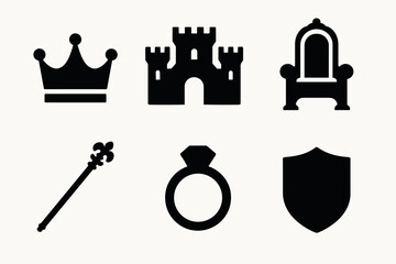 Bold silhouette icons of crown, castle, and royal symbols in black and white