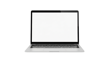 Silver laptop computer with blank white screen on black background technology, Isolated On Png Transparent Background
