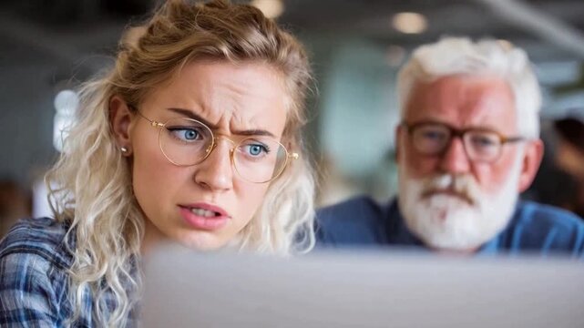 Confusion and Concern: Two individuals exhibit expressions of confusion and concern while closely observing a laptop, symbolizing uncertainty and worry regarding information. 