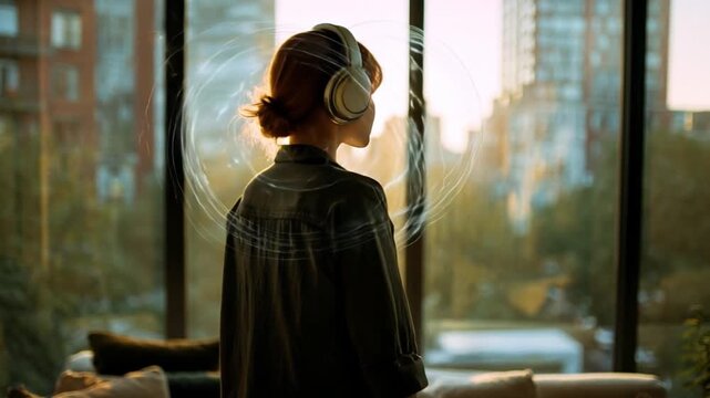 Serene Soundscape: A person with headphones is immersed in the auditory experience, standing near a window, sunlight illuminating, captured the tranquility of the moment.