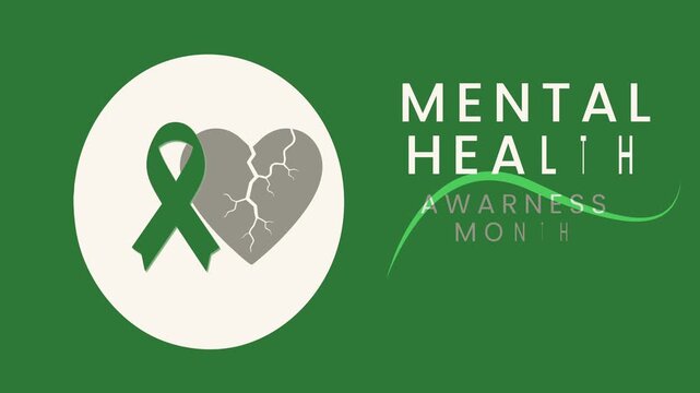 Mental Health Awareness Month Animation, Green Ribbon Healing a Broken Heart Symbol, Support and Recovery Concept Motion Graphics animation