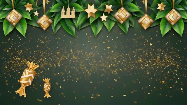 Festive green background with golden ketupat ornaments, stars, and wrapped candies, perfect for Eid celebrations.