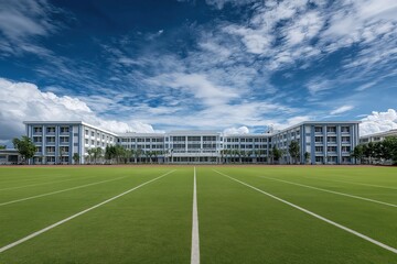 Obraz premium Expansive school sports field with green grass and white markings, framed by modern red brick buildings under blue sky, ideal for education and campus lifestyle visuals.