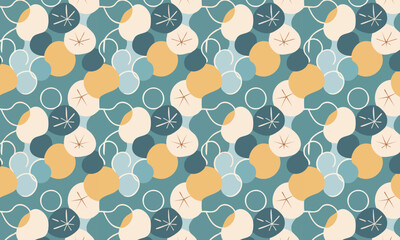 Seamless Abstract Botanical Pattern, Organic Fruit and Leaf Shapes Background, Blue and Yellow Vector Texture