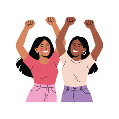 Two joyful women with raised fists celebrate together.
