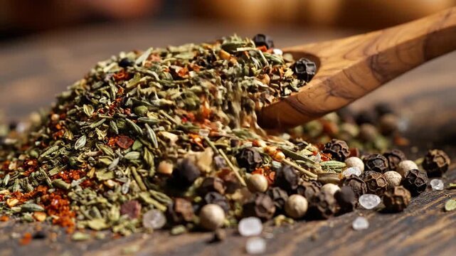 Close up of herb and spice mix on rustic wooden surface