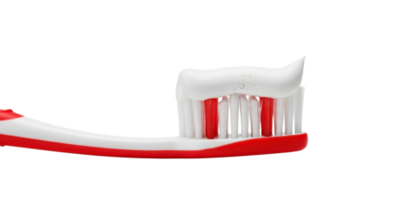 Red and white toothbrush with white toothpaste against black background hygiene, Isolated On Png Transparent Background