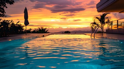 Stylish poolside sunset relaxation high resolution picture