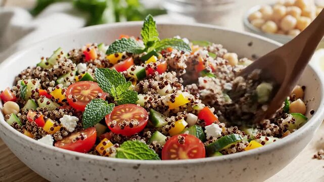 Fresh salad with quinoa and vegetables displayed in a bowl
