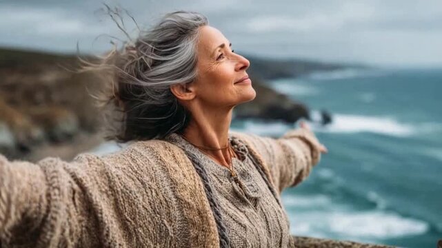 Seaside Serenity: A woman with silver hair stands with open arms, embracing the refreshing seaside breeze and the tranquil expanse of the ocean. The image radiates peace and freedom.