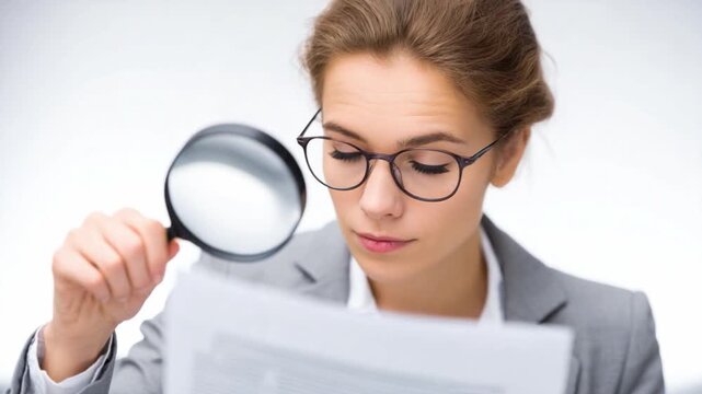 Focused Examination: A keen professional meticulously examines documentation through a magnifying glass, engrossed in the pursuit of detail and accuracy.
