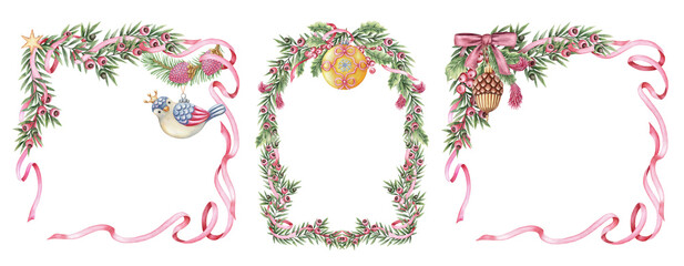 Set of Christmas wreath with green branch and acorn ornament in the square and arch shape. Hand painted watercolor create a dreamlike winter look. Ideal for festive frame template and card design. © NadyaSaen 