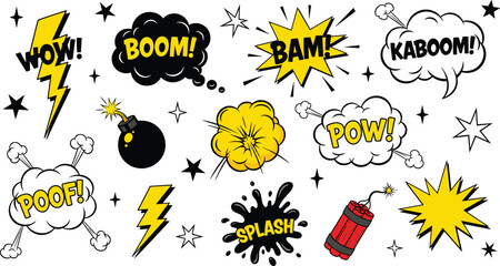 Comic Explosion Sound Effects Illustration Set Featuring Boom Pow Bam Splash Lightning and Bomb Cartoon Action Vector Collection © MstMukta