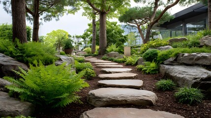 Fototapeta premium Modern Landscaped Garden Path with Large Flat Stone Steps, Lush Green Ferns and Contemporary Building Architecture