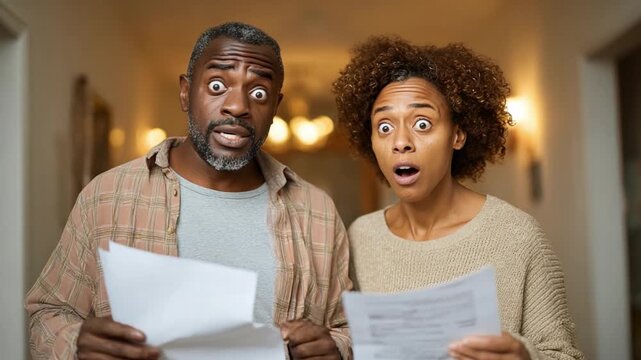 Shocked Couple and Bills: A couple with stunned expressions, gazes at bills, their faces reflecting financial worry and surprise amid the domestic setting.
