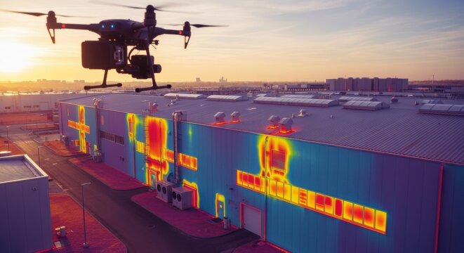 Drone capturing infrared footage of an industrial facilitys fa&ccedil;ade highlighting hotspots and areas of poor thermal retention from above.