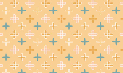Seamless Swiss Cross Pattern, Minimalist Scandi Geometric Background, Trendy Plus Sign Vector Texture in Mustard and Teal