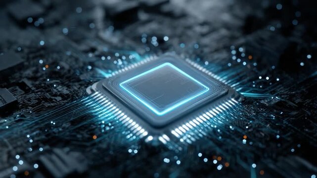 Tech Core's Luminescence: A close-up view of a high-tech central processing unit (CPU), radiating a brilliant, futuristic glow, symbolizing the core of technological advancement and computing power.