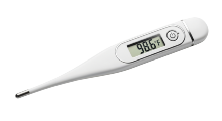 White digital thermometer displaying 98.6 degrees Fahrenheit on black background medical health, Isolated On Png Transparent Background