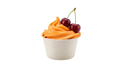Creamy orange soft serve dessert with fresh red cherries in an eco-friendly cup isolated on transparent background