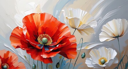 Bold red poppy, soft white petals. Impasto, textured. Abstract pastel background. Modern impressionist, elegant, dramatic, high contrast, museum-quality. Wallart, greeting card