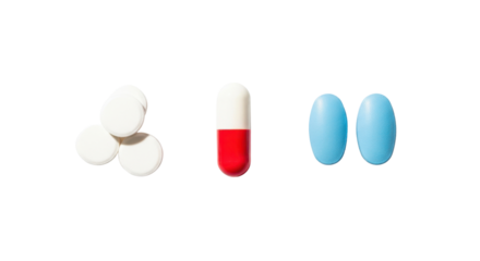 Three white round pills a red and white capsule and two blue oval pills on black medicine, Isolated On Png Transparent Background