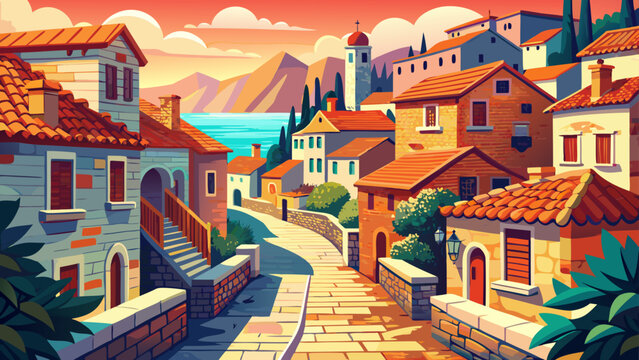 Very beautiful view of a historic stone street in Omi&scaron;, Croatia, with red rooftops, traditional architecture, and warm Mediterranean sunlight in a charming coastal town.