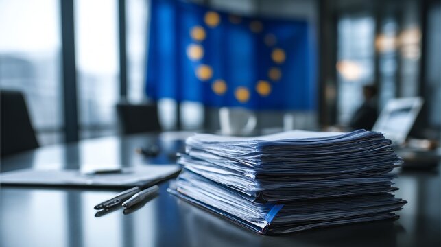 Administrative Desk with Documents on Elder Care Policy in EU Office Setting