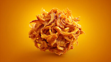 A crispy fried onion ball sits on a vibrant orange background with a gradient effect