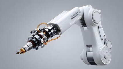 Industrial Robotic Arm for Automation and Advanced Manufacturing, 3D Rendering of Futuristic High-Tech Mechanical Equipment on Grey Background