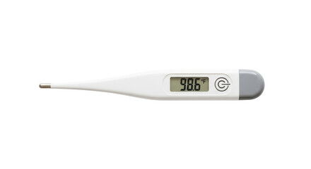 Digital thermometer displaying 98.6 degrees Fahrenheit on black background medical health, Isolated On Png Transparent Background