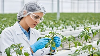 Female scientist agronomist examining  plants in hydroponic greenhouse farm for biotechnology