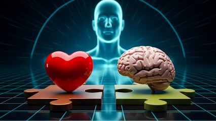 Visual metaphor illustrating the vital conceptual connection between human emotion represented by a heart and intellect symbolized by a brain connecting on puzzle pieces against a digital backdrop.