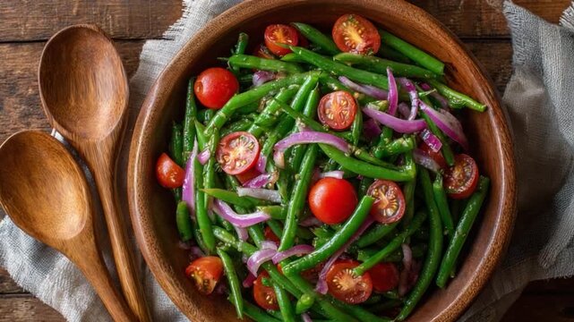 Colorful Garden Salad: A vibrant garden salad served in a rustic wooden bowl, showcasing fresh ingredients and culinary artistry.