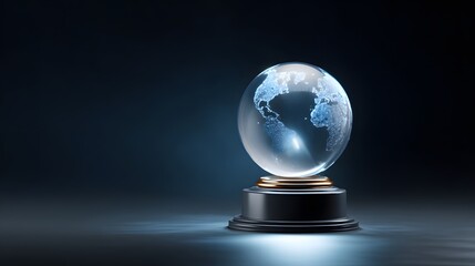 Illuminated Glass Globe of Earth on a Black Pedestal Representing Global Connectivity and Technology