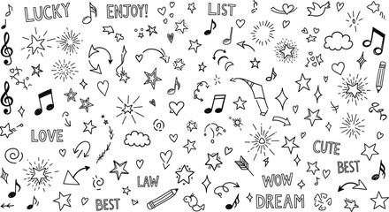 Obraz premium Hand Drawn Doodle Elements with Stars Music Notes Hearts Arrows and Cute Inspirational Words