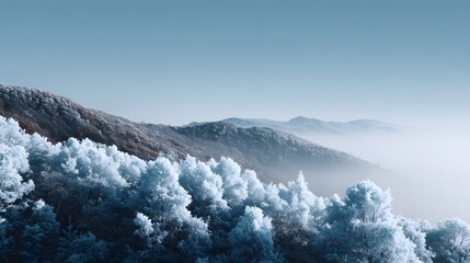 Winter Landscape with Frosted Trees and Misty Mountains under a Clear Blue Sky