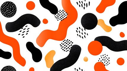 Modern Memphis style pattern with black and orange organic shapes and dots on white background