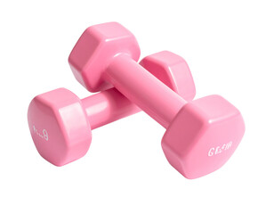 Obraz premium A pair of pink dumbbells lies on a white background, one dumbbell on the other, concept, isolate