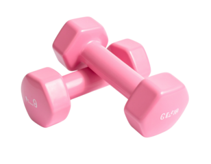 A pair of pink dumbbells lies on a white background, one dumbbell on the other, concept, isolate