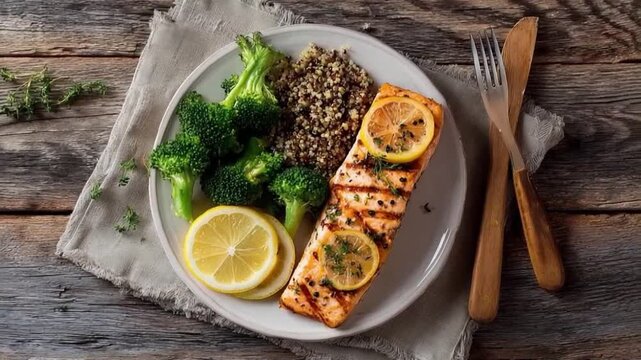 A Gourmet Dish: A beautifully plated dish, showcasing grilled salmon, vibrant broccoli florets, fluffy quinoa and lemon, promising a feast for the eyes and the palate.