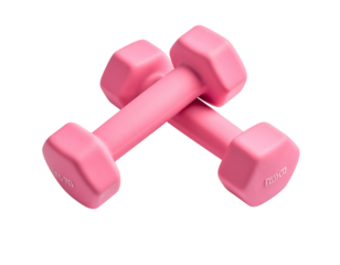 A pair of pink dumbbells lies on a white background, one dumbbell on the other, concept, isolate